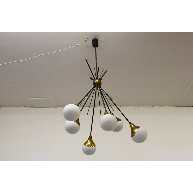 Vintage Stilnovo brass and Glass Chandelier - 1950s