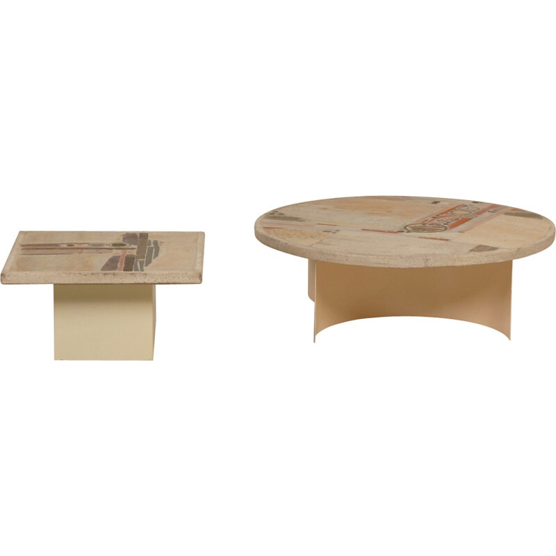 Set of 2 Vintage White Stone Coffee Tables by Paul Kingma - 1980s