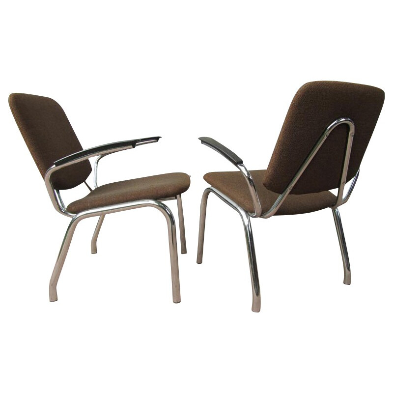 Pair of Gispen armchairs in steel and brown fabric, Martin DE WIT - 1960s