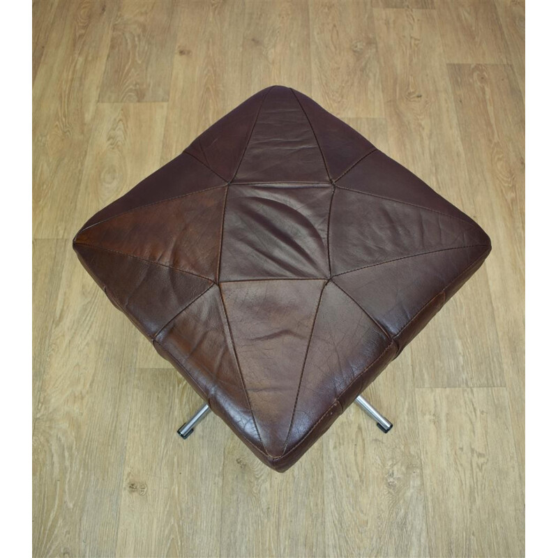 Vintage Danish brown leather swivel ottoman - 1970s