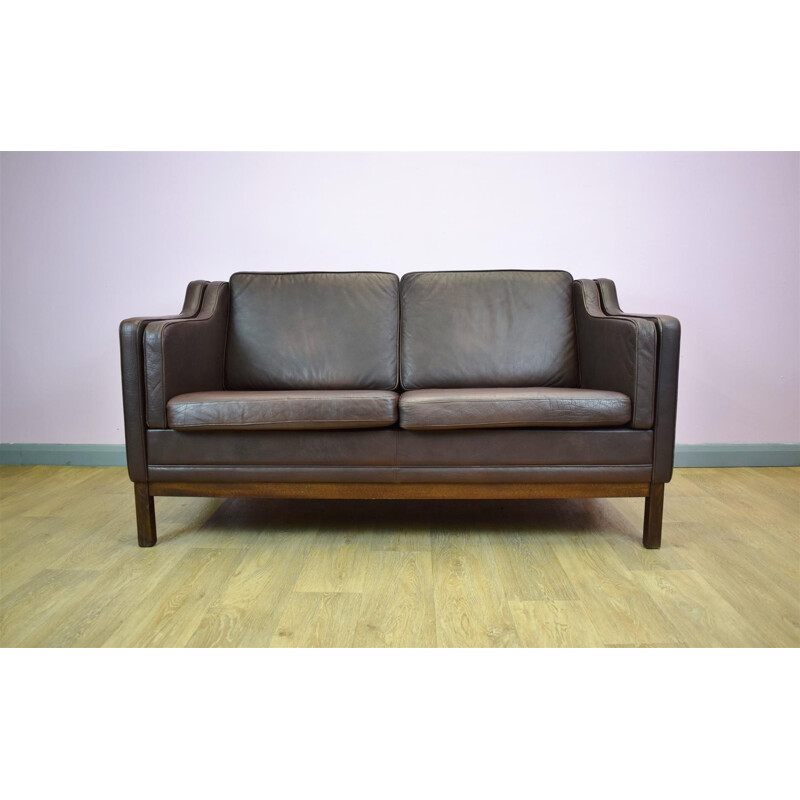 Vintage Danish brown leather 2 seater sofa by Mogens Hansen - 1970s