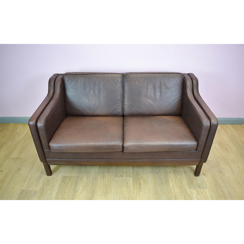 Vintage Danish brown leather 2 seater sofa by Mogens Hansen - 1970s