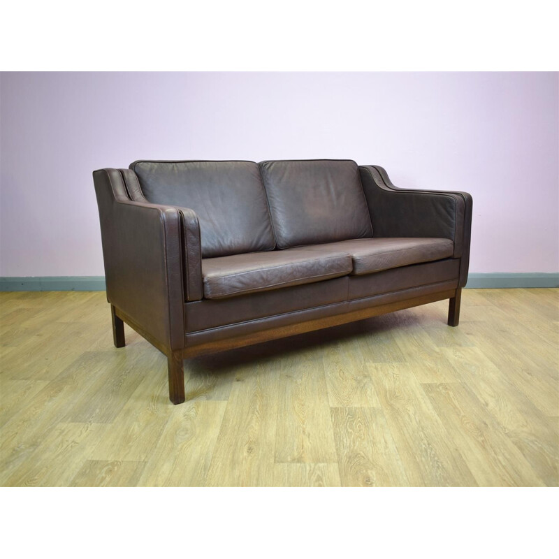 Vintage Danish brown leather 2 seater sofa by Mogens Hansen - 1970s