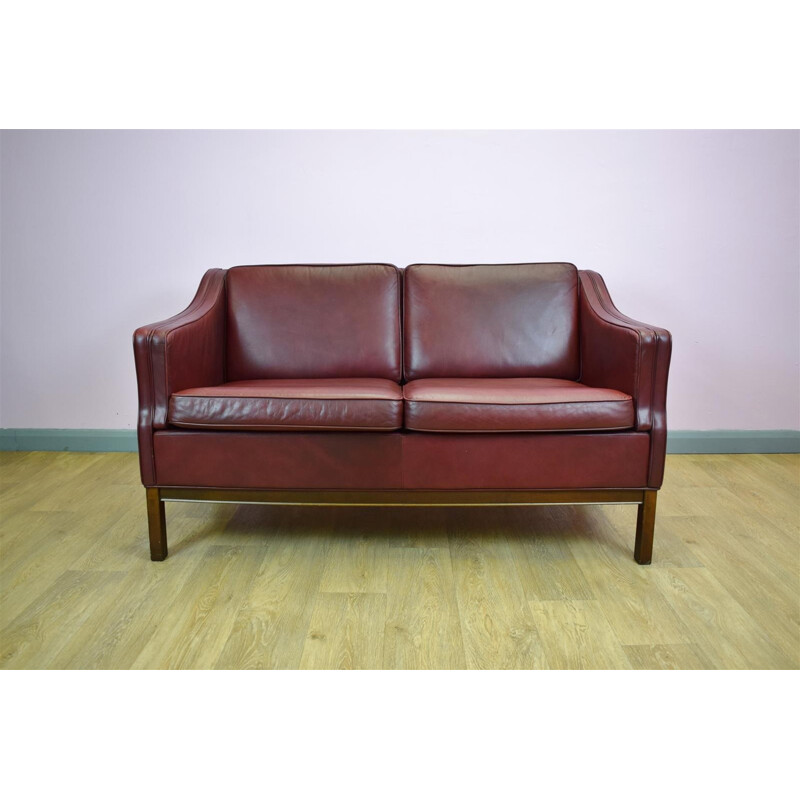 Vintage Danish burgundy leather 2 seater sofa by Borge Mogensen - 1970s