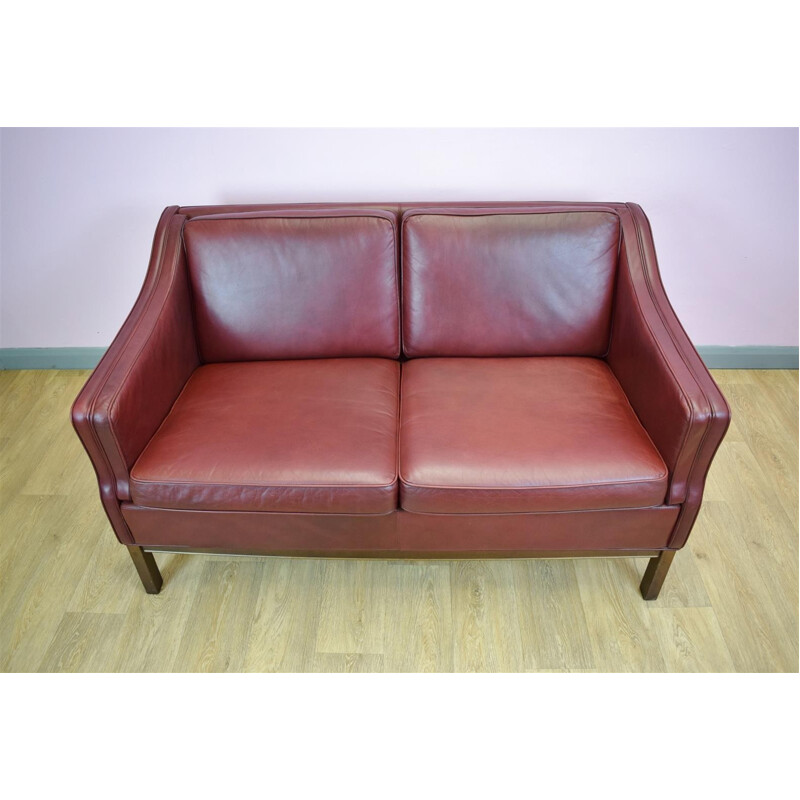 Vintage Danish burgundy leather 2 seater sofa by Borge Mogensen - 1970s