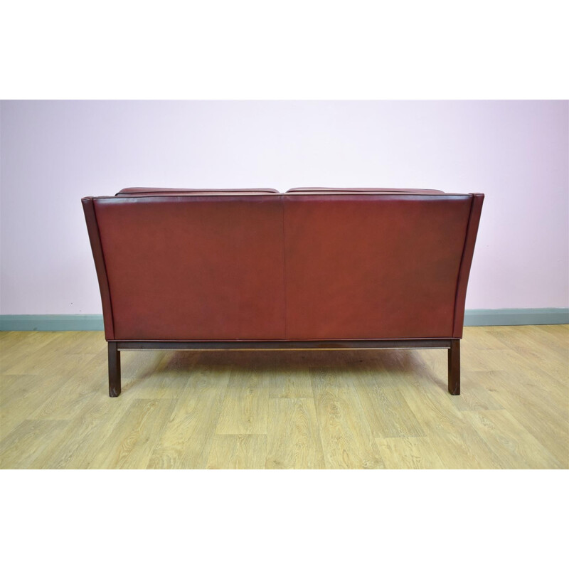 Vintage Danish burgundy leather 2 seater sofa by Borge Mogensen - 1970s