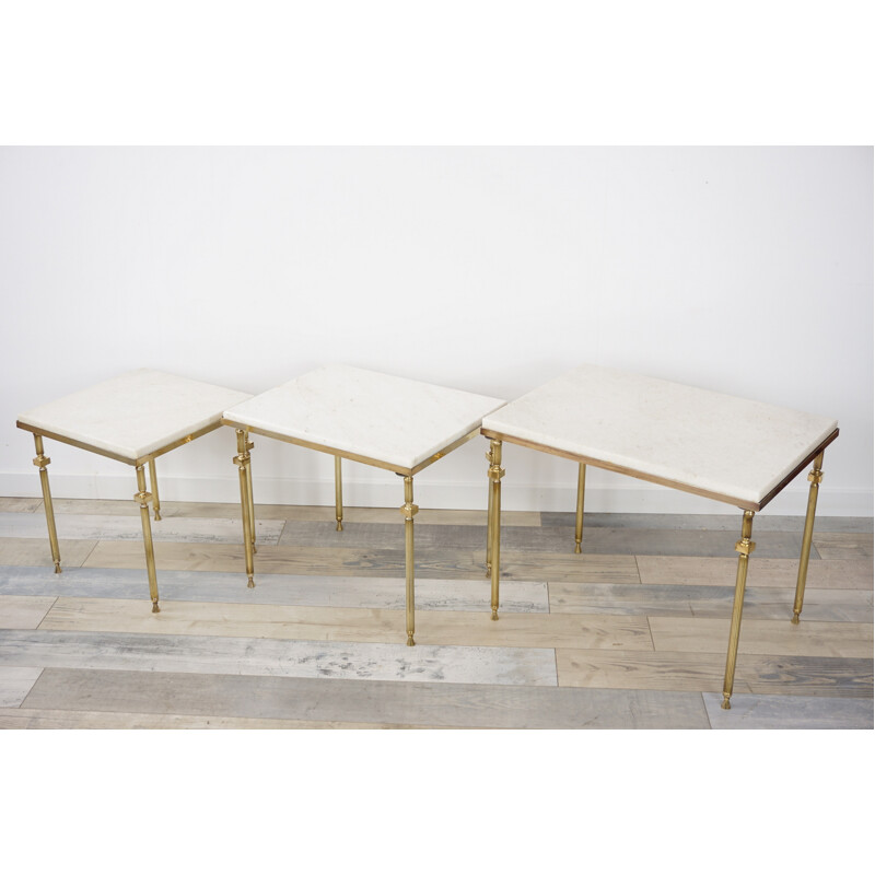 Set of 3 Vintage Nesting tables in brass and marble - 1970s