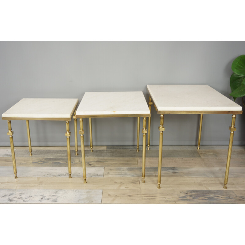 Set of 3 Vintage Nesting tables in brass and marble - 1970s