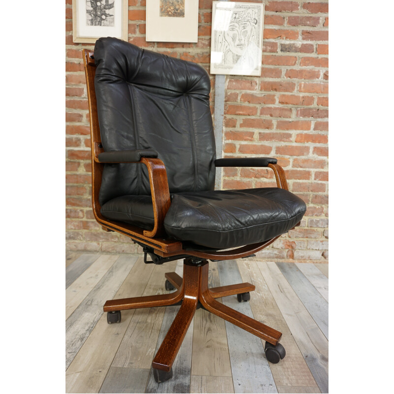 Vintage swivelling office chair in wood and leather - 1970s