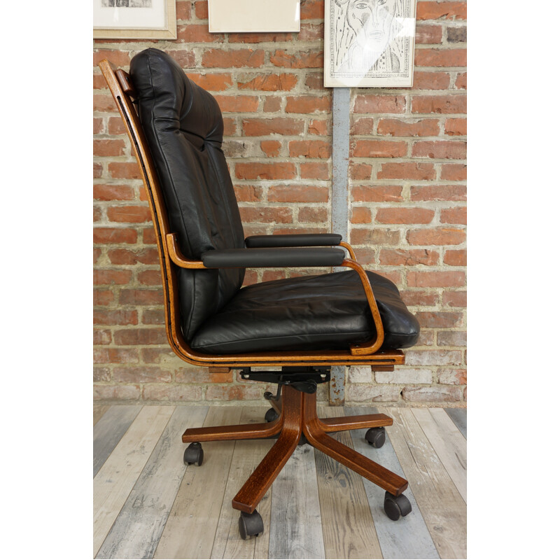 Vintage swivelling office chair in wood and leather - 1970s