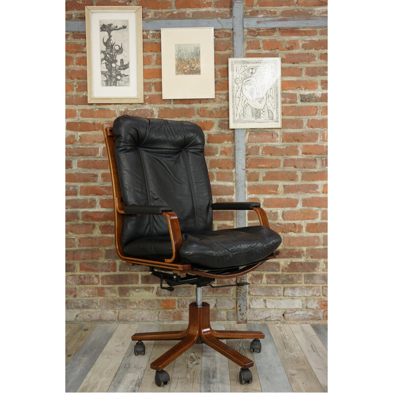 Fauteuil vintage en bois et cuir - 1970