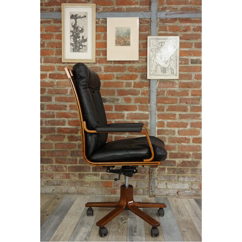 Fauteuil vintage en bois et cuir - 1970