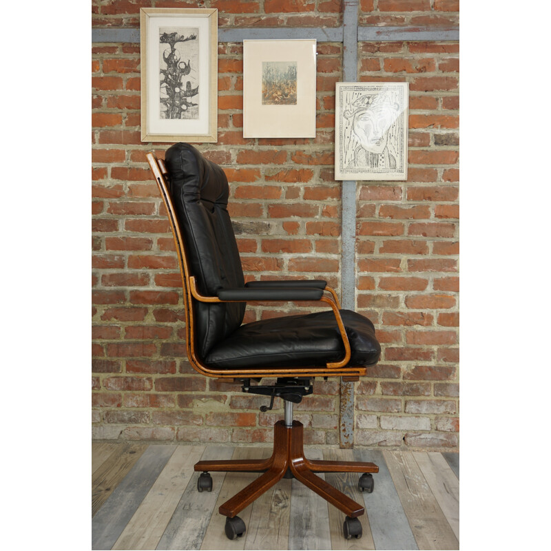 Vintage swivelling office chair in wood and leather - 1970s