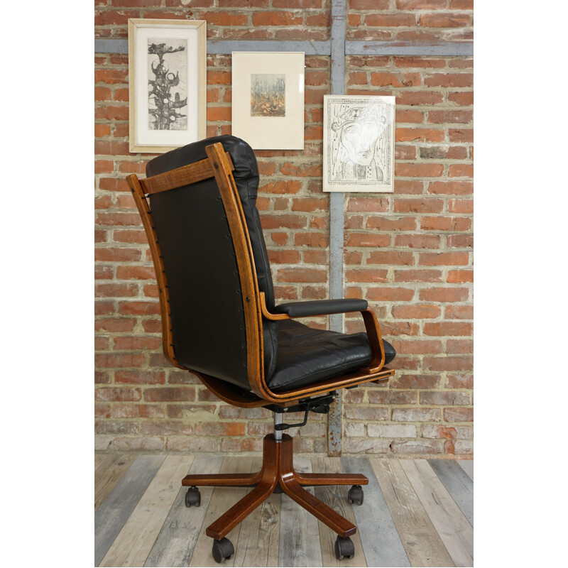 Fauteuil vintage en bois et cuir - 1970