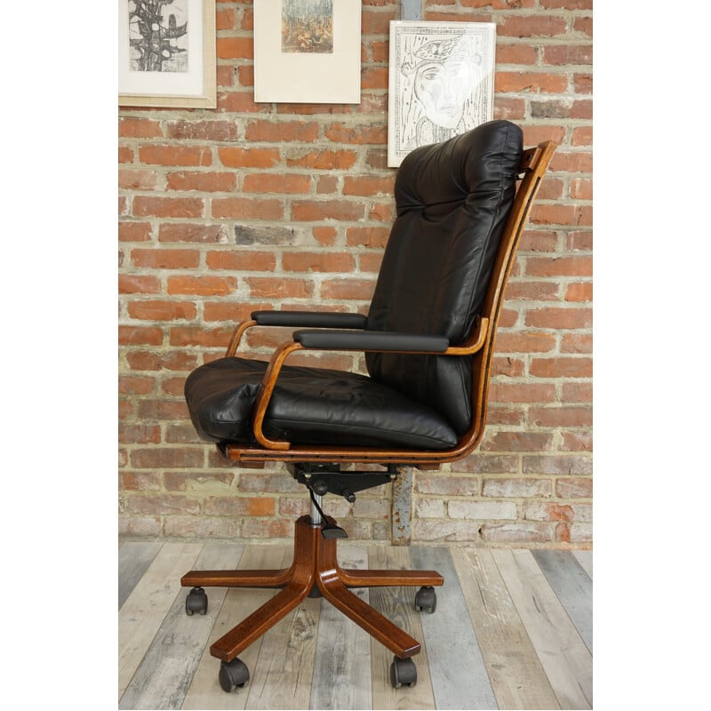 Vintage swivelling office chair in wood and leather - 1970s