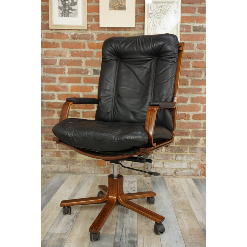 Vintage swivelling office chair in wood and leather - 1970s