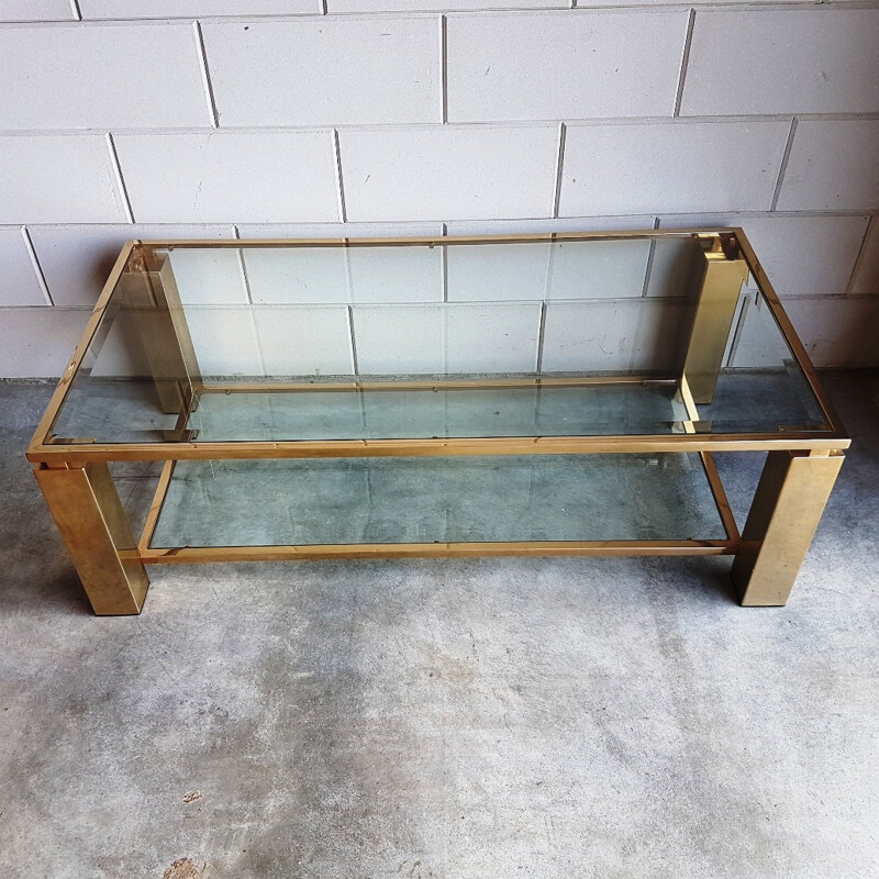 Coffee table in plated Gold with two shelves in cut glass by Belgo Chrom - 1980s