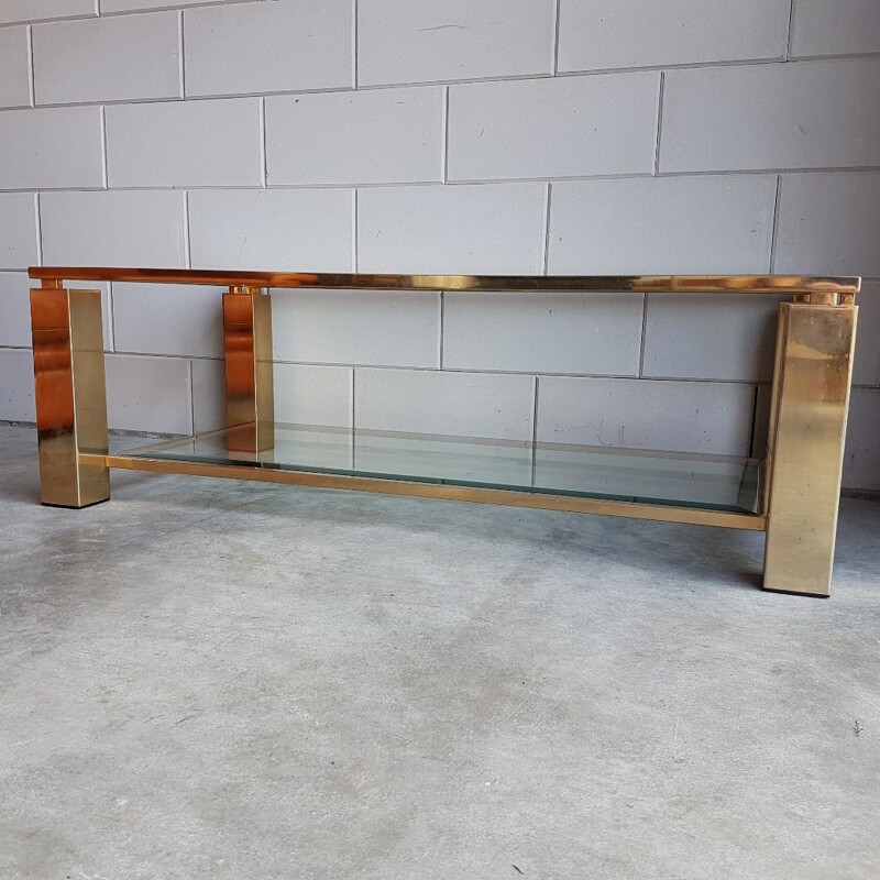 Table basse plaquée or avec deux étagères en verre taillé par Belgo Chrom - 1980