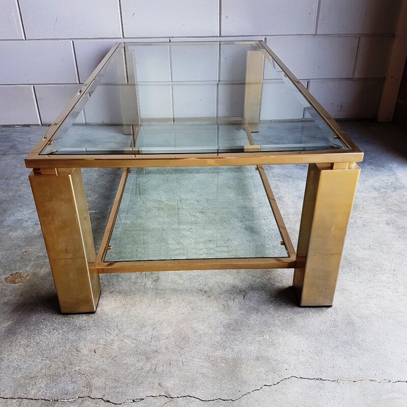 Coffee table in plated Gold with two shelves in cut glass by Belgo Chrom - 1980s