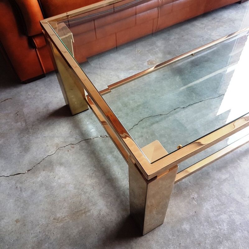Coffee table in plated Gold with two shelves in cut glass by Belgo Chrom - 1980s