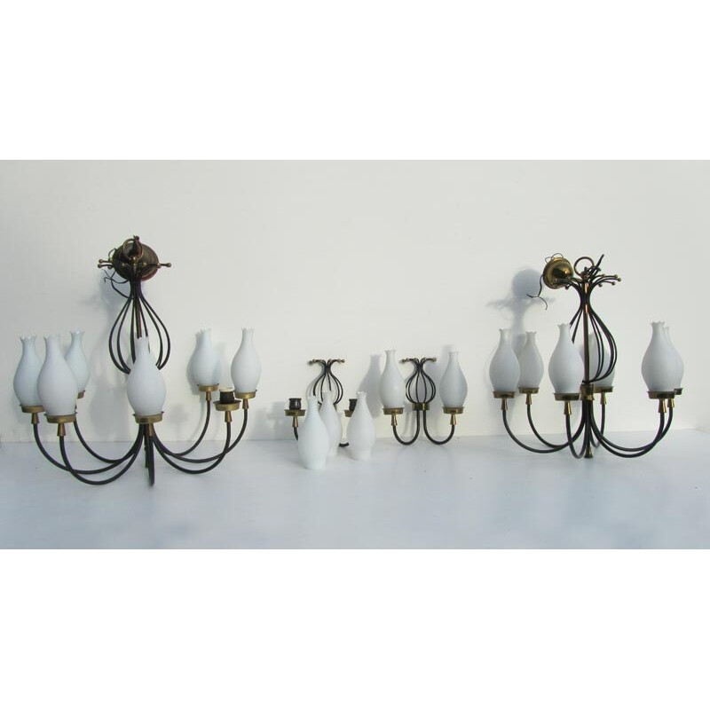 Set of 4 vintage chandeliers and wall lights in opaline, glass and brass- 1950s