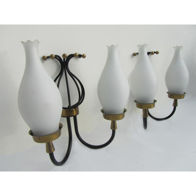 Set of 4 vintage chandeliers and wall lights in opaline, glass and brass- 1950s