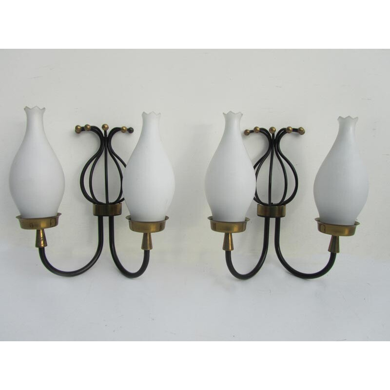 Set of 4 vintage chandeliers and wall lights in opaline, glass and brass- 1950s