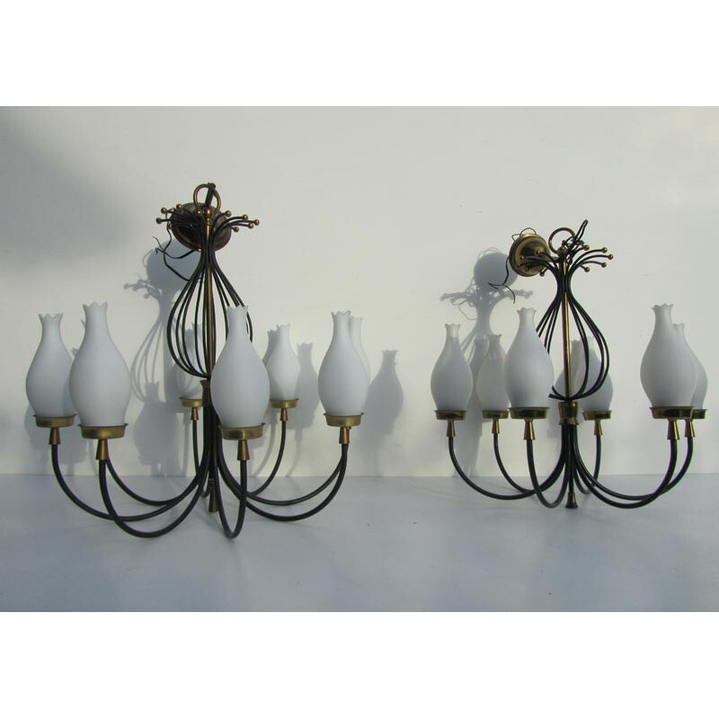 Set of 4 vintage chandeliers and wall lights in opaline, glass and brass- 1950s