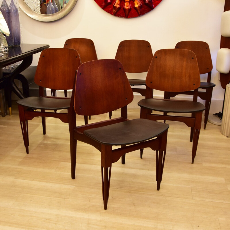 Set van 6 vintage houten eetkamerstoelen voor Fratelli Proserpio, Italië 1950