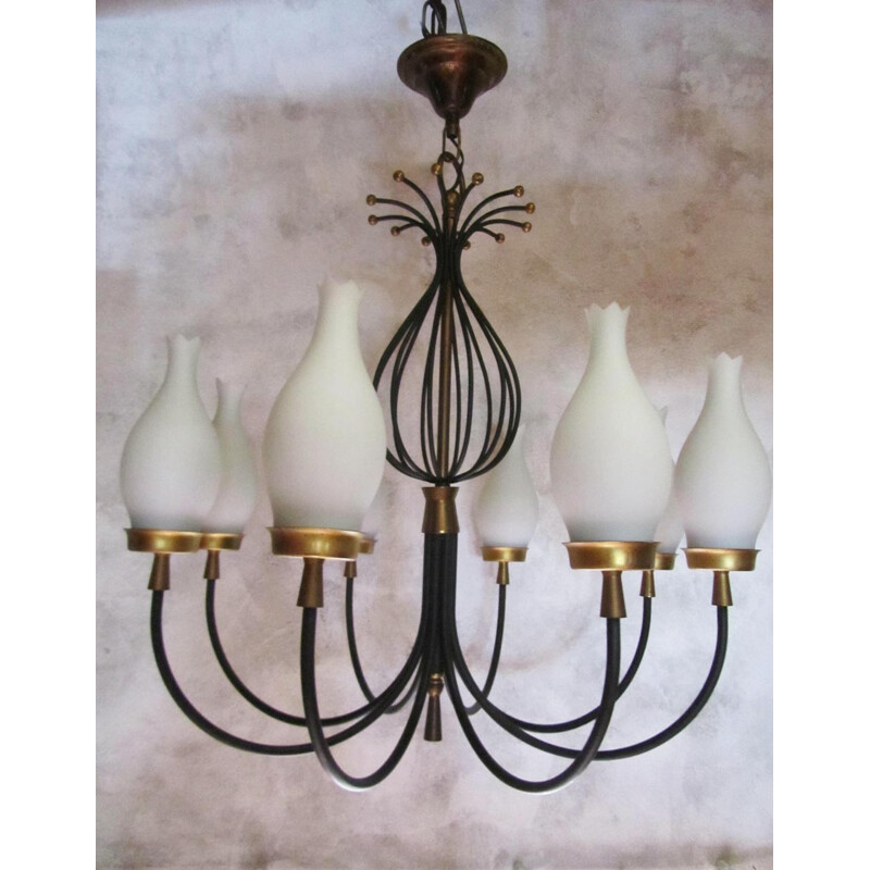 Set of 4 vintage chandeliers and wall lights in opaline, glass and brass- 1950s