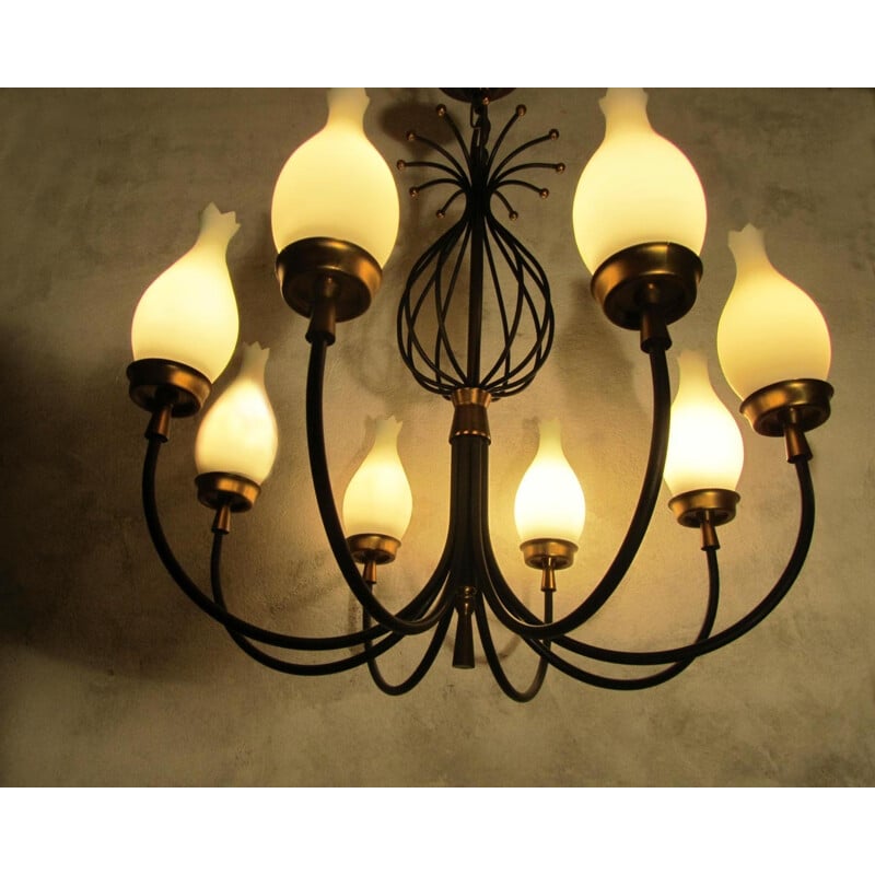 Set of 4 vintage chandeliers and wall lights in opaline, glass and brass- 1950s