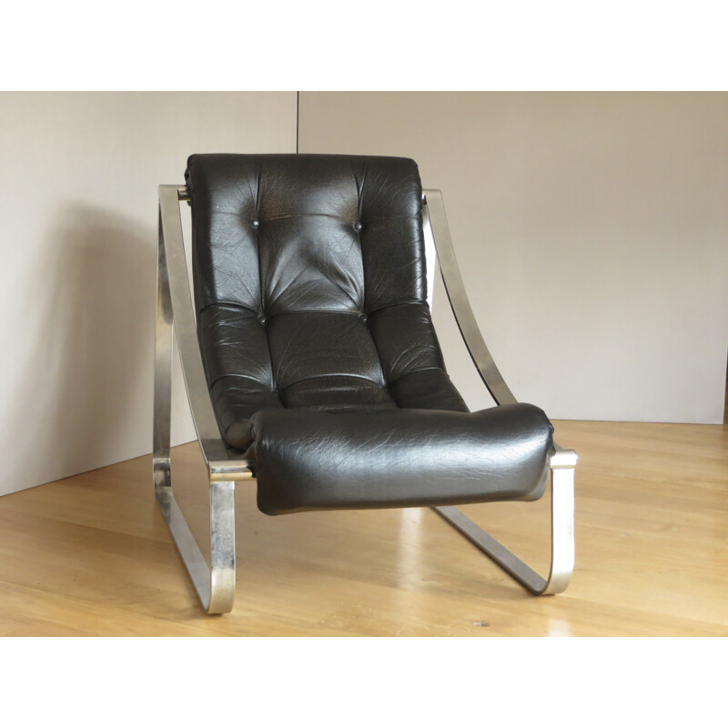 Fauteuil lounge en acier et simili cuir noir - 1970