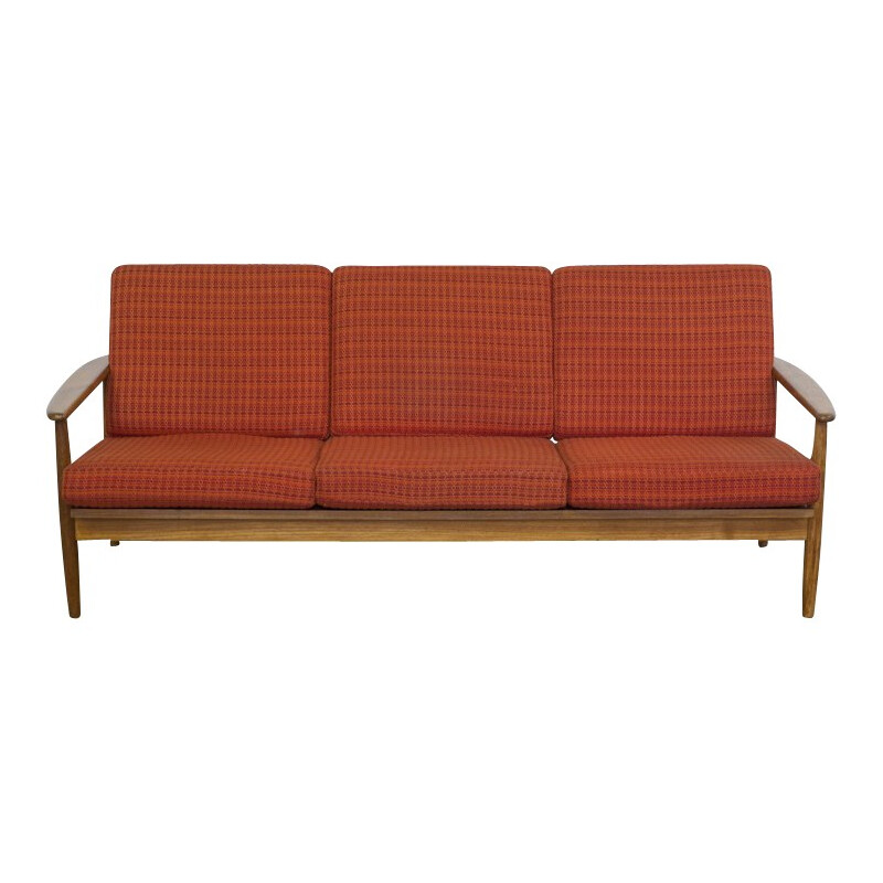 Danish 3-seater sofa in teak and red-orange fabric - 1960s