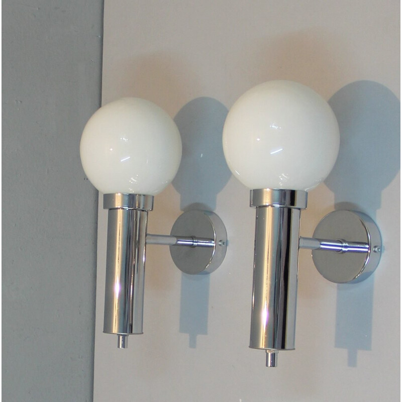 Set of 2 wall lamps white in metal & opaline - 1960s
