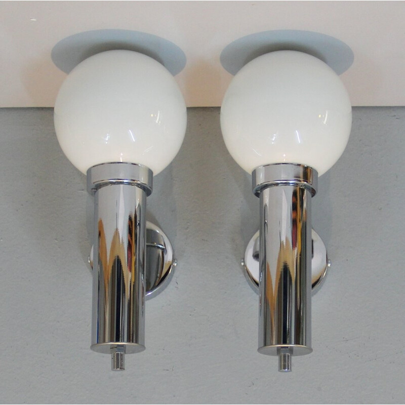 Set of 2 wall lamps white in metal & opaline - 1960s
