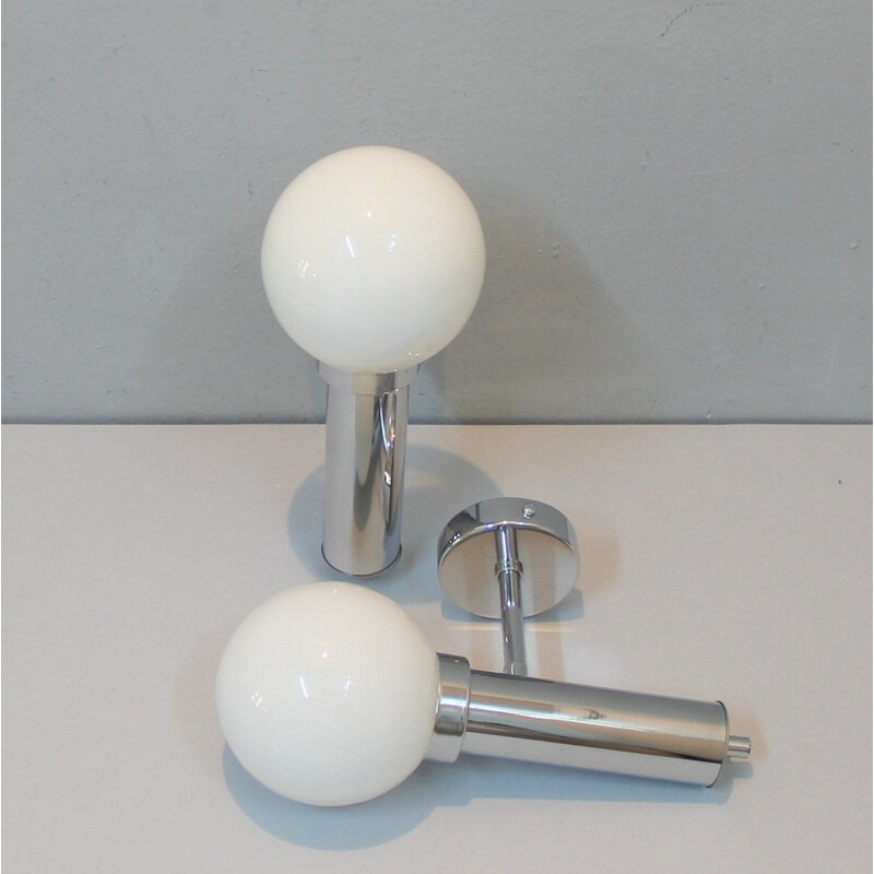 Set of 2 wall lamps white in metal & opaline - 1960s