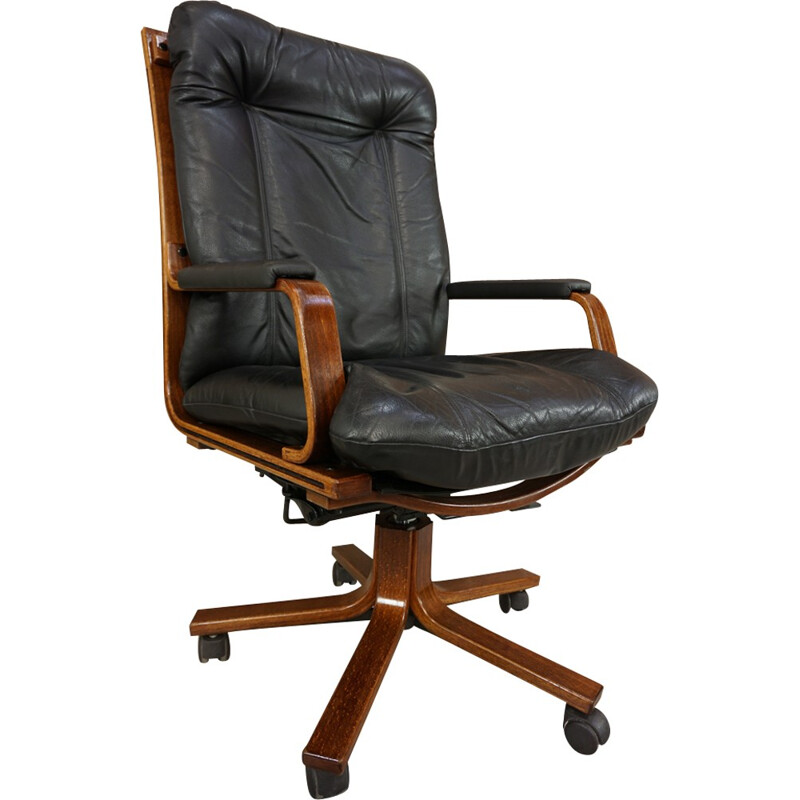 Vintage swivelling office chair in wood and leather - 1970s