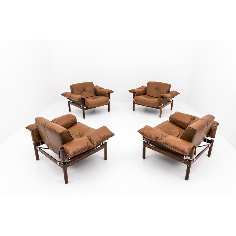 Set of 4 armchairs in leather and rosewood by Percival Lafer - 1960s