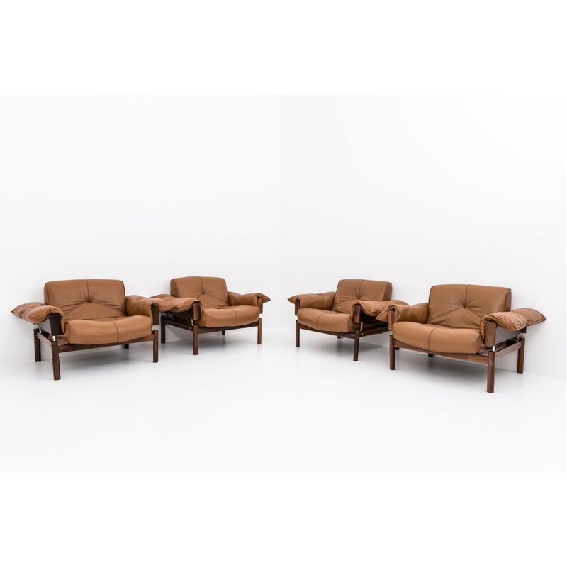 Set of 4 armchairs in leather and rosewood by Percival Lafer - 1960s