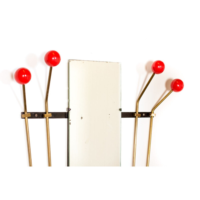 Vintage wall-mounted coat rack with brass details - 1950s