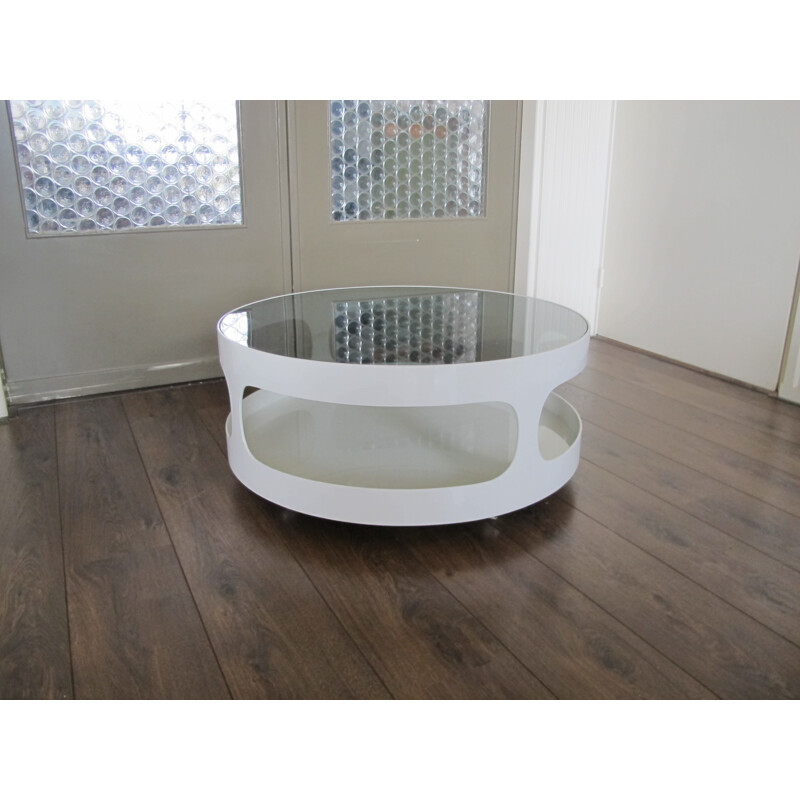 Coffee table in white lacquered wood and smocked glass, Erik Van BUIJTRNEN - 1970s