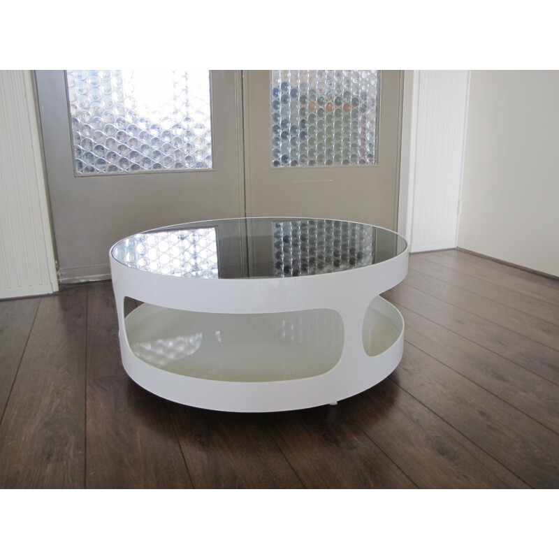 Coffee table in white lacquered wood and smocked glass, Erik Van BUIJTRNEN - 1970s