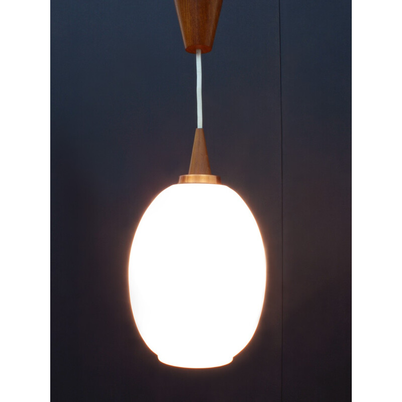 Vintage pendant lamp in opal glass with teak details - 1960s