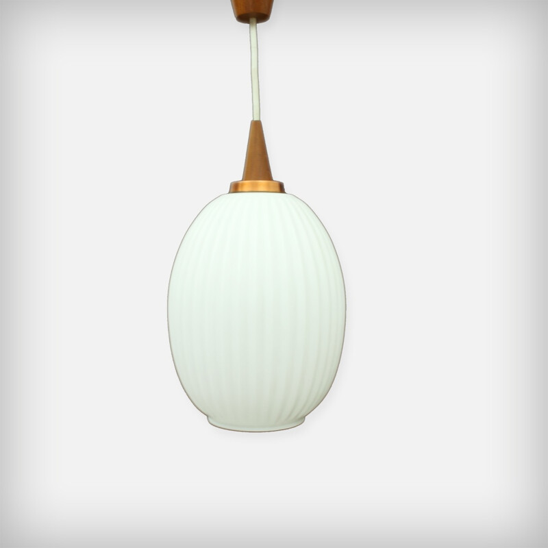 Vintage pendant lamp in opal glass with teak details - 1960s