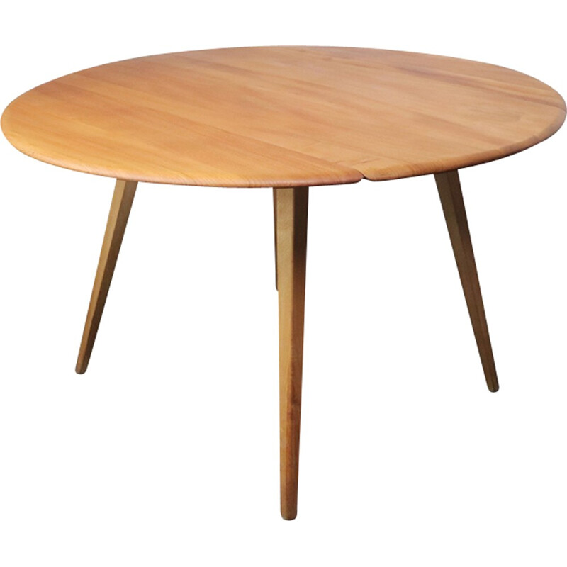 Vintage beech & elm circular drop leaf dining table by Ercol - 1950s