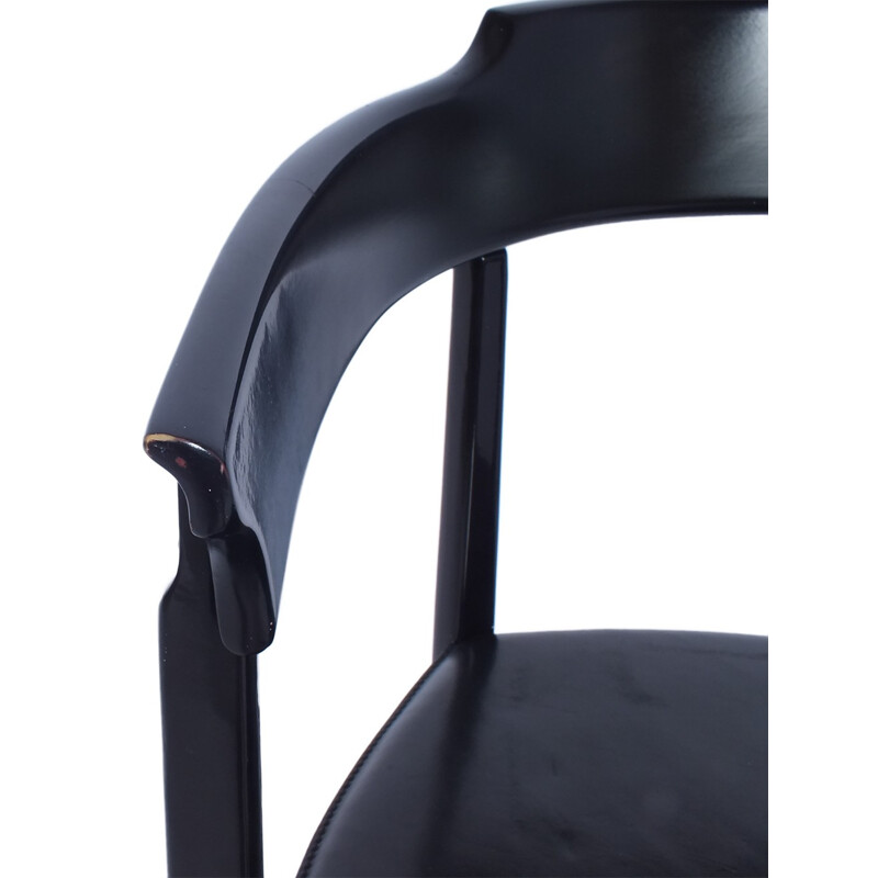 Chaise vintage en bois laqué noir et siège cuir noir - 1980