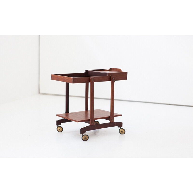 Vintage Italian teak brass and black formica service trolley - 1950s