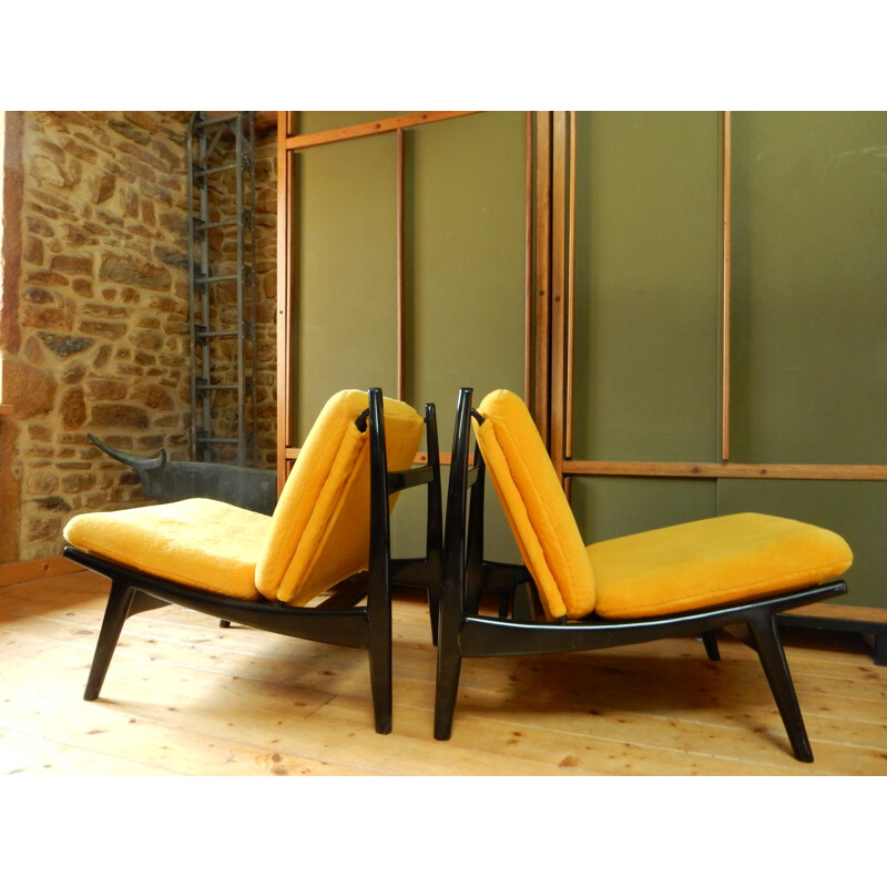 Pair of armchairs in lacquered wood and yellow fabric, Joseph André MOTTE - 1960s