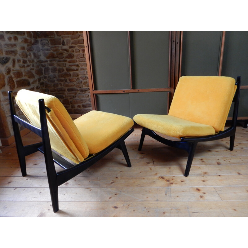 Pair of armchairs in lacquered wood and yellow fabric, Joseph André MOTTE - 1960s