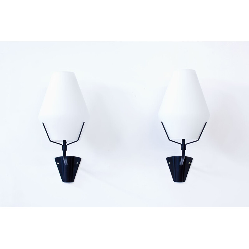 Set of 2 wall lamps in opaline glass and metal for ASEA - 1950s